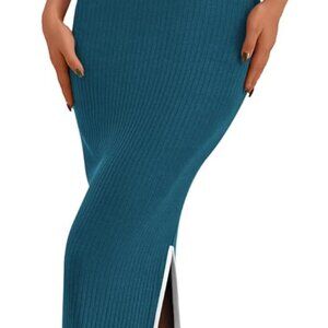 Women's Summer Knit Bodycon Maxi Dress Sleeveless Square Neck Slit